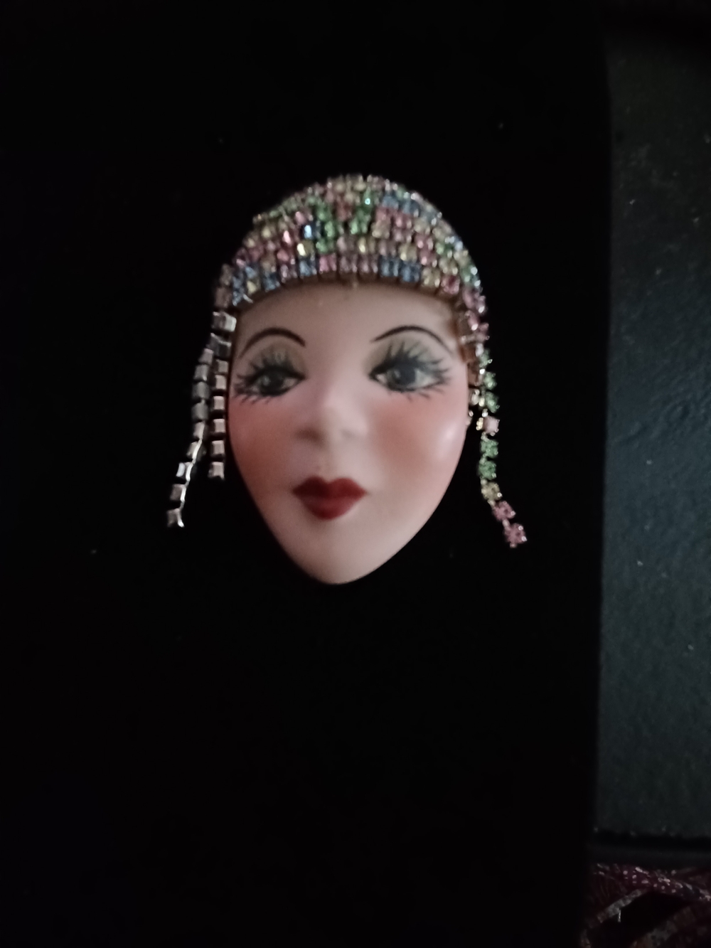 Multicolor Rhinestone Porcelain Face Brooch - Women Jewelry